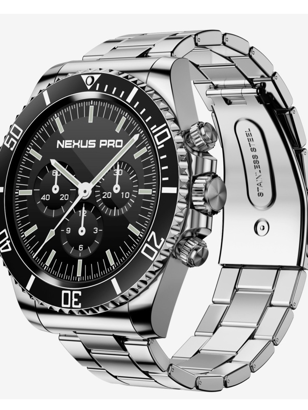 Men's Silver Stainless Steel Chronograph Watch - Black Dial